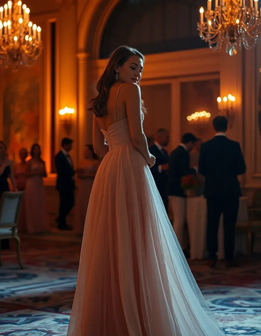 Mujer elegante con un espectacular fiesta vestido largo en un evento de gala