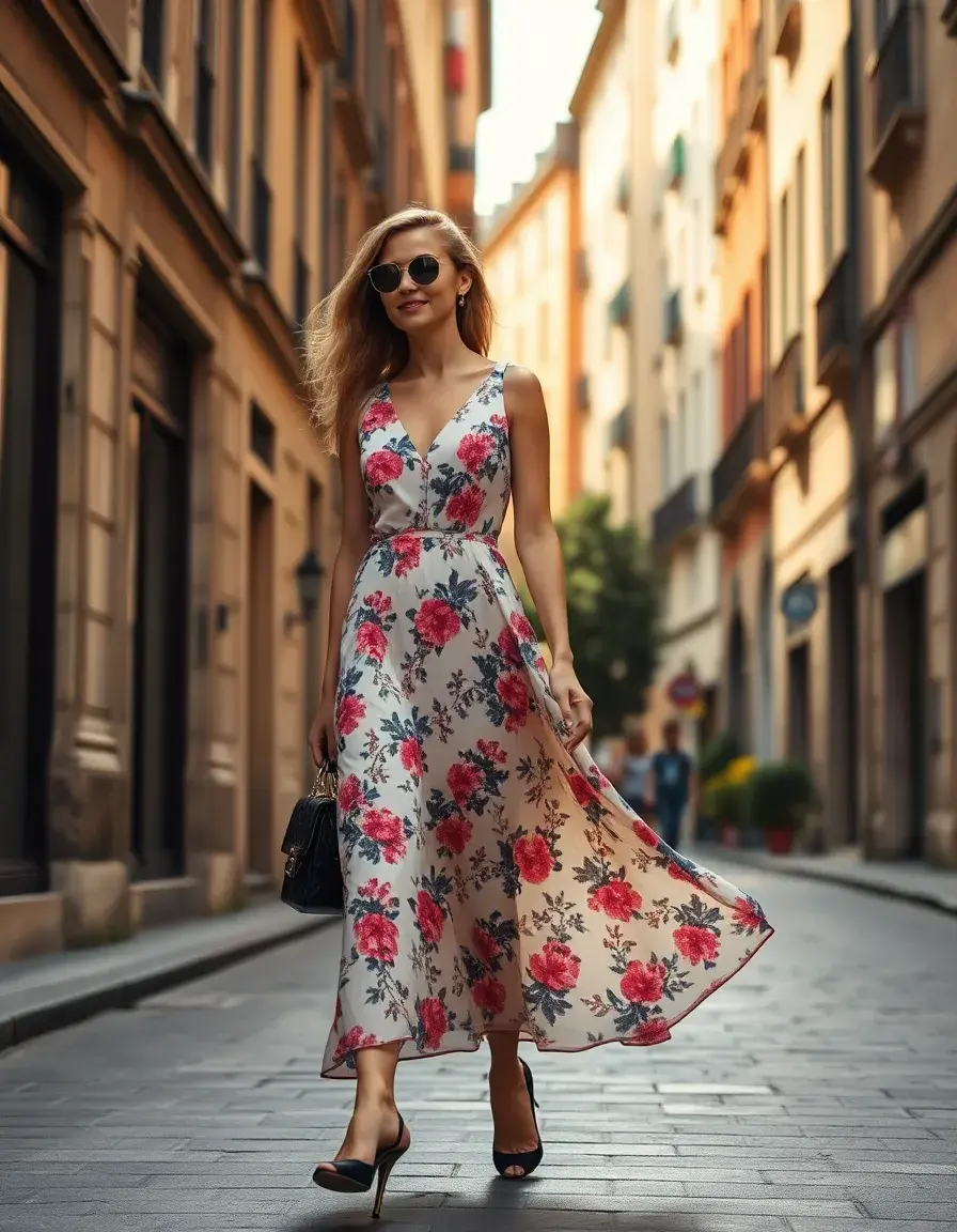 Mujer luciendo un elegante midi vestido floral en una calle soleada