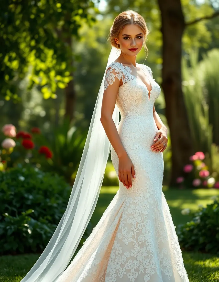 Novia luciendo un espectacular vestido de boda de encaje blanco en un jardín