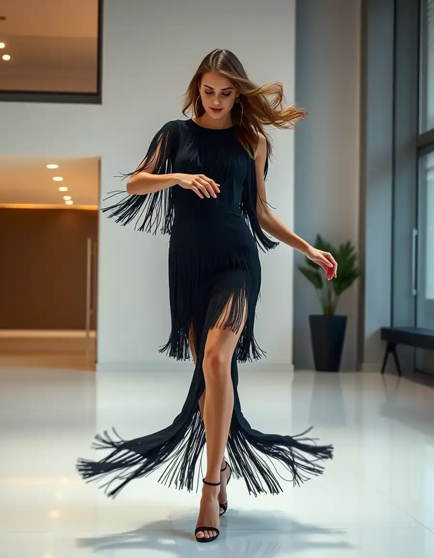 Mujer bailando con un elegante vestido flecos negro de cóctel
