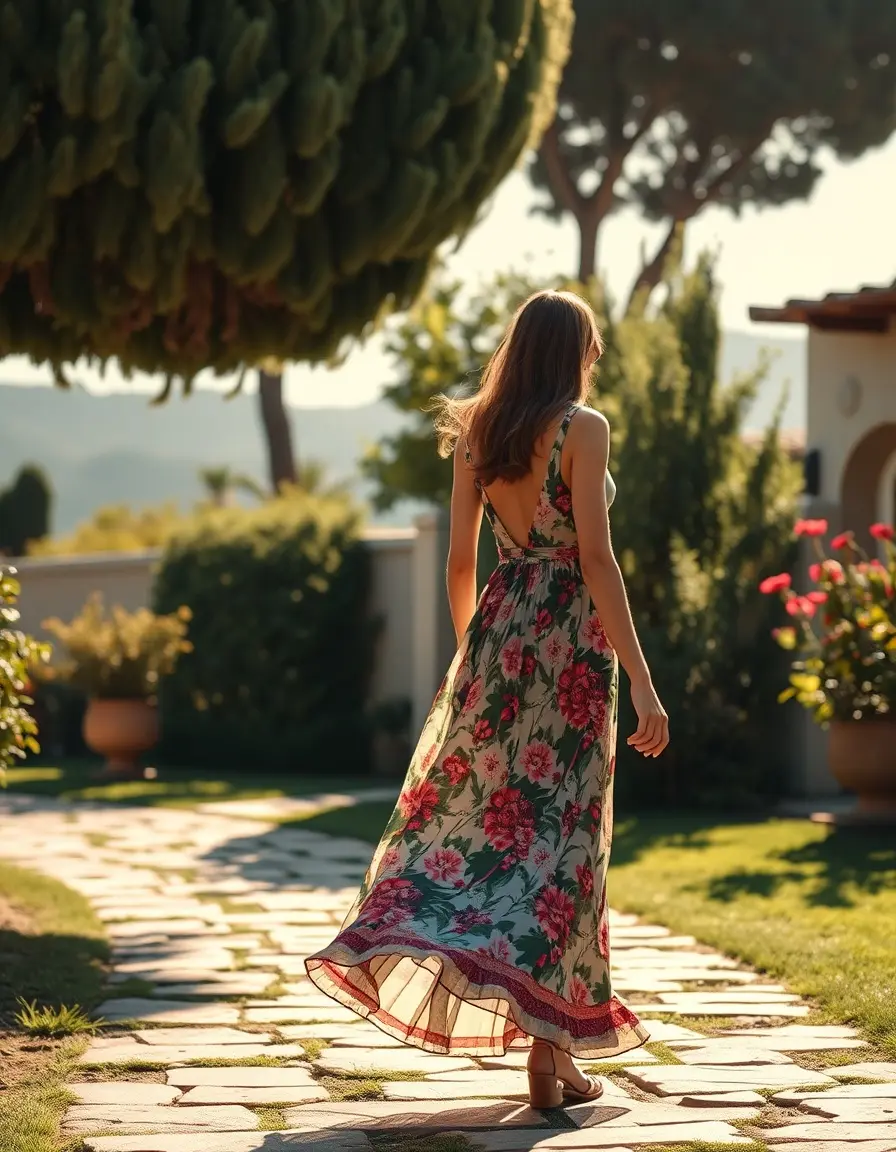 Mujer luciendo un vestido largo mujer fluido con estampado floral en un jardín soleado.