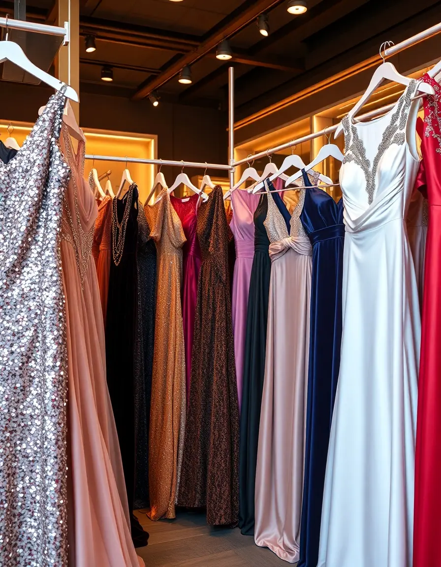 Colección de vestidos de fiesta elegantes en una boutique de moda de lujo.