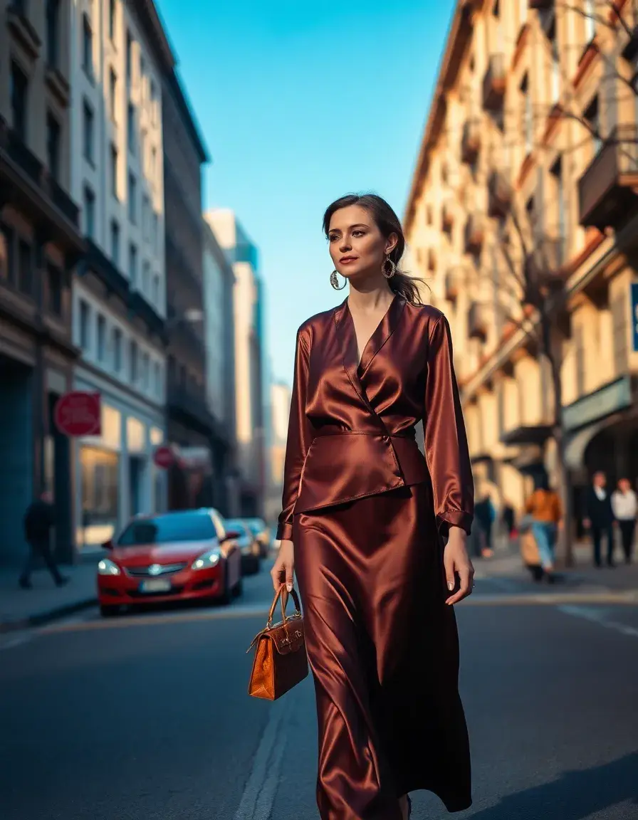Mujer elegante luciendo un vestido marrón chocolate sofisticado en una calle soleada