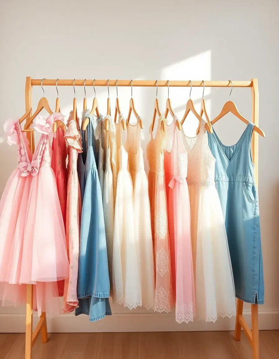 Colección de vestidos para niñas incluyendo estilos de tul, encaje y flores en una tienda elegante.