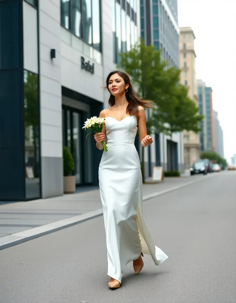 Novia moderna con vestido novia civil blanco caminando por la ciudad con flores.