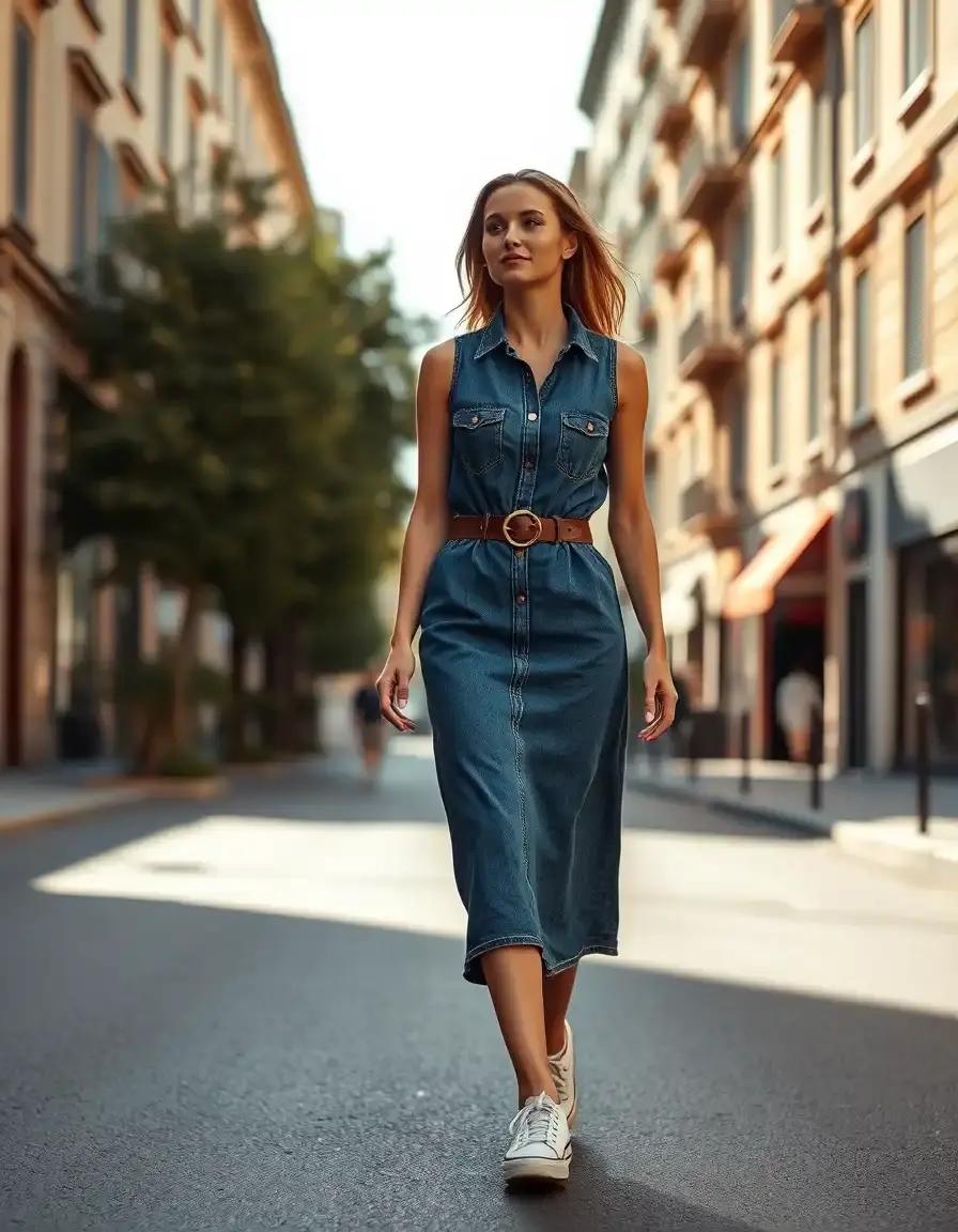 Mujer con estilo luciendo un vestido vaquero moderno en una calle soleada