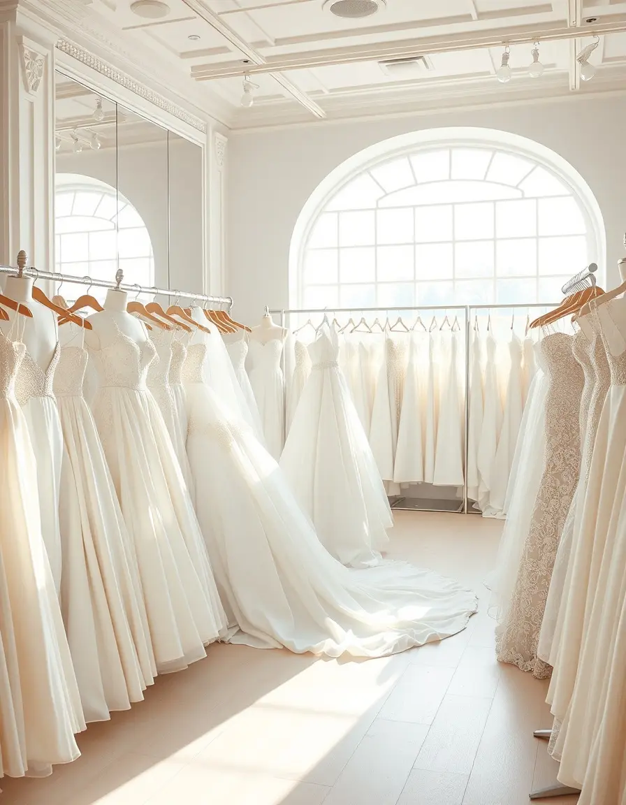 Elegantes vestidos de novia expuestos en una luminosa boutique de lujo