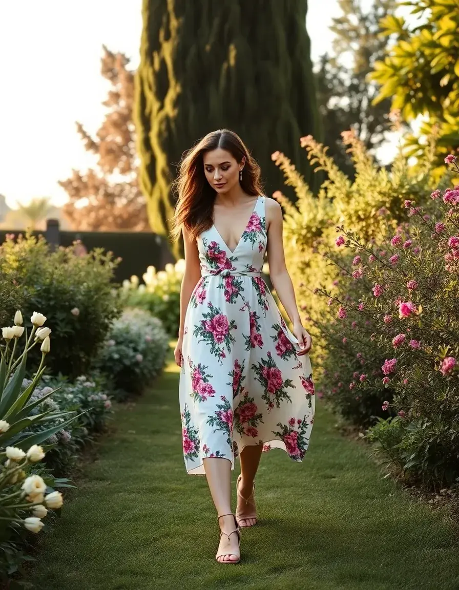 Invitada con vestido boda de día floral en un jardín soleado.