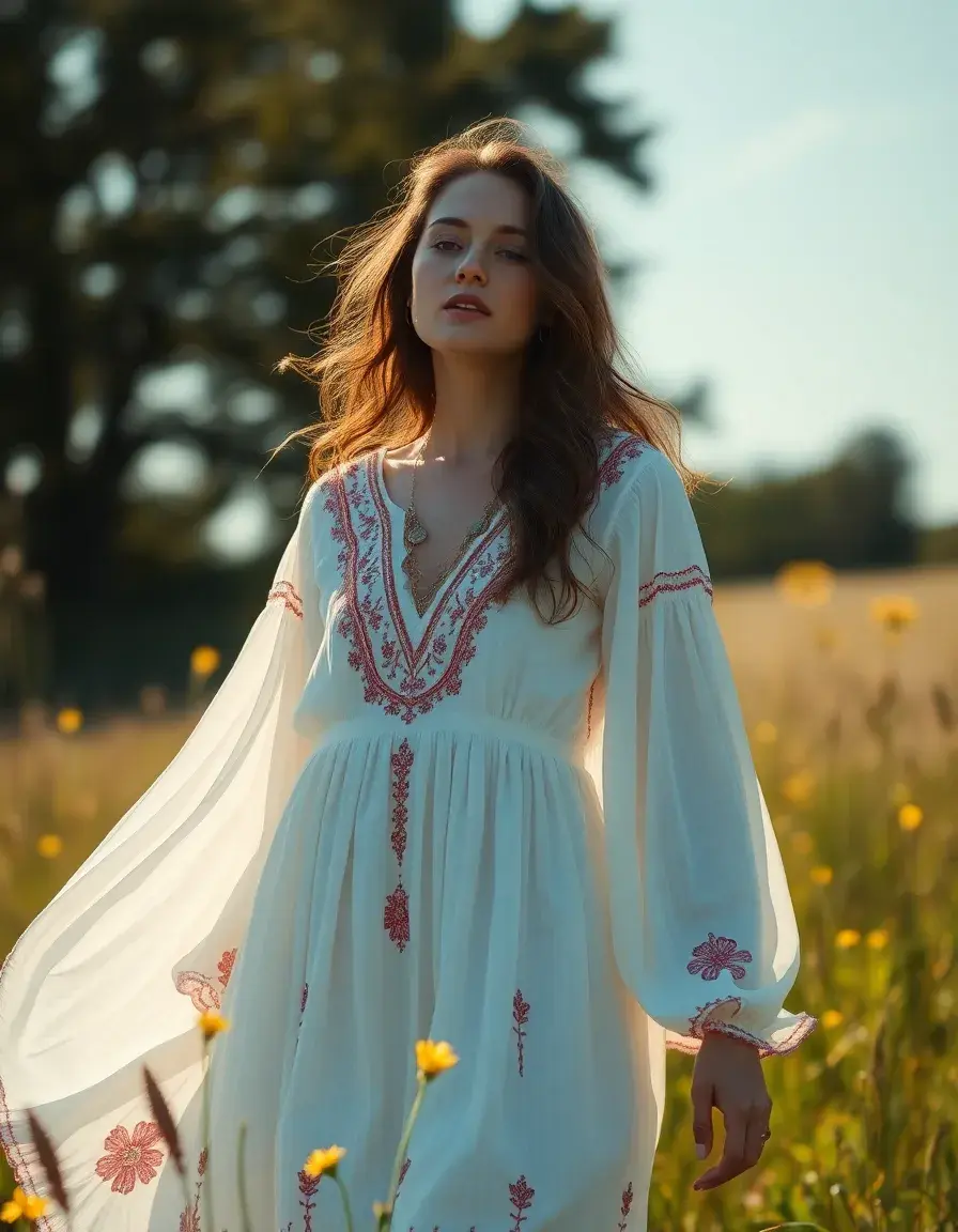 Mujer luciendo un vestido boho blanco bordado en un campo soleado