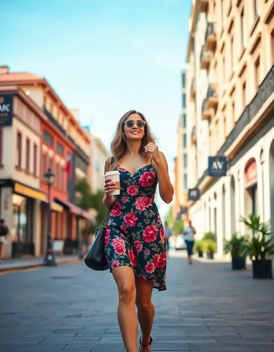 Mujer joven luciendo un vestido corto floral en una calle soleada