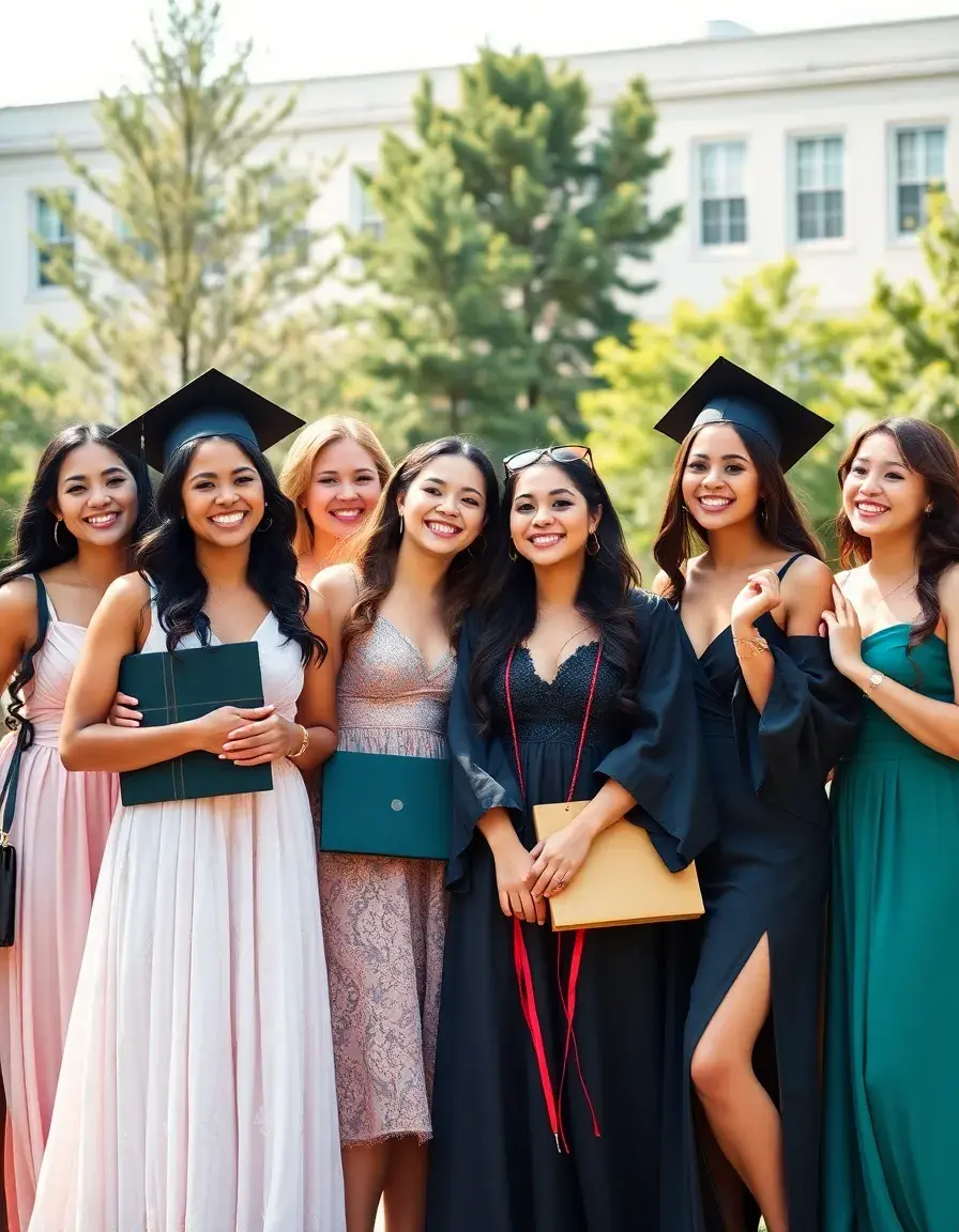 Jóvenes celebrando con elegantes vestidos de grados en un jardín universitario