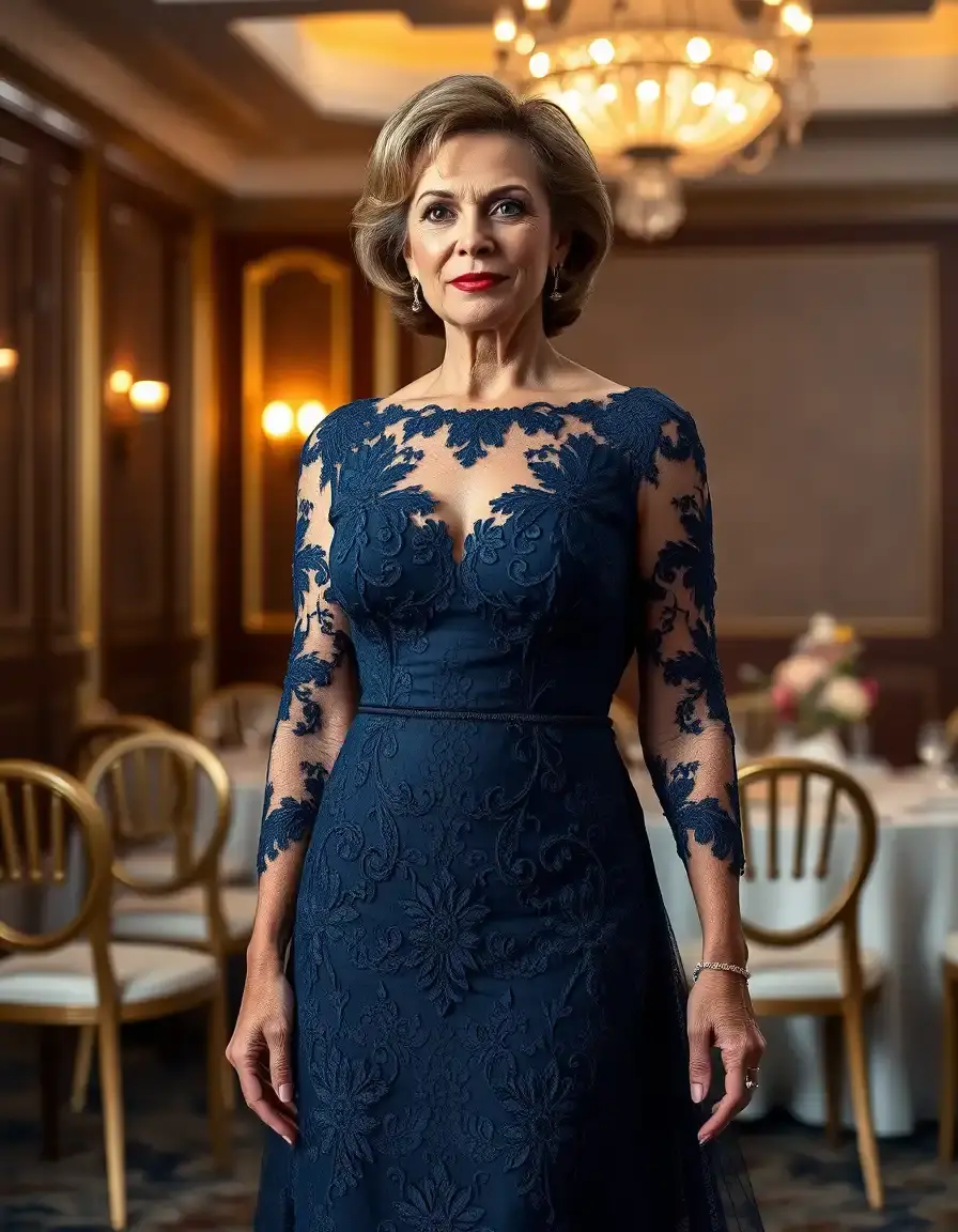 Elegante mujer luciendo un vestido de madrina de boda en encaje azul marino