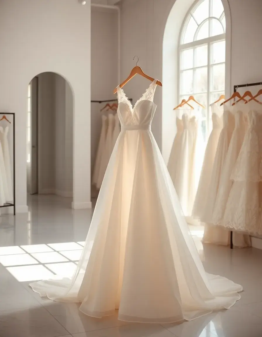 Vestido de novia sencillo blanco de estilo minimalista en una boutique luminosa