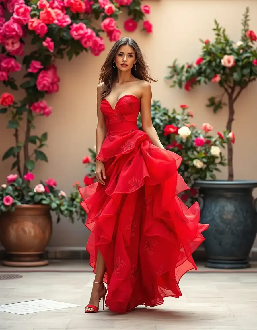 Mujer luciendo un espectacular vestido flamenca rojo con volantes en un patio tradicional